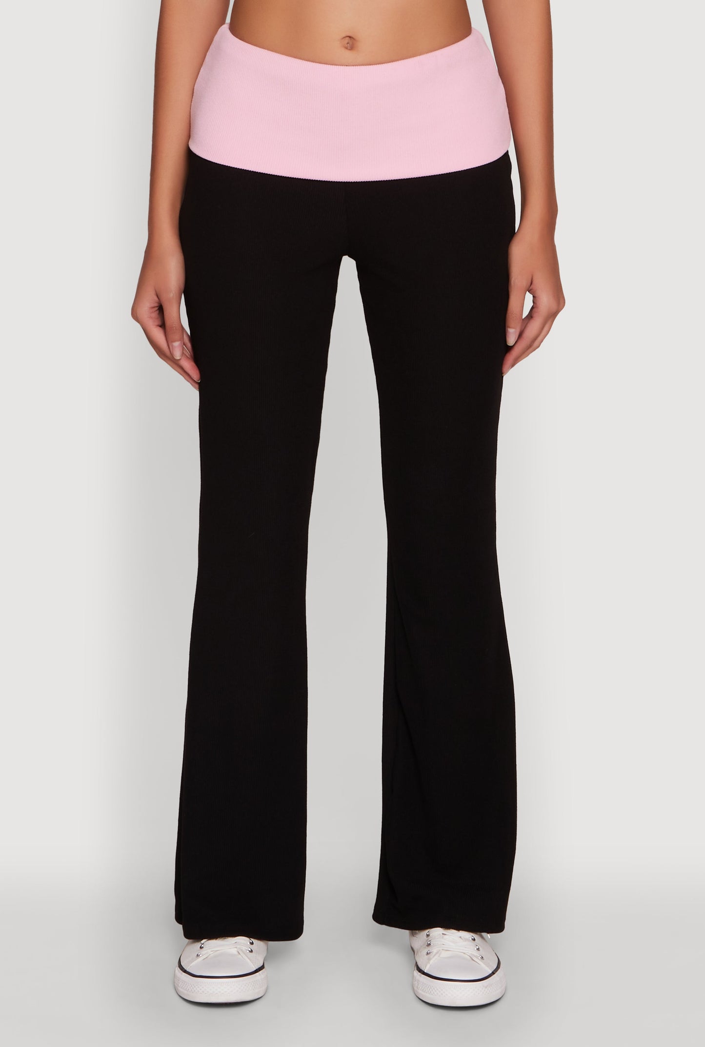 Stylish Rib Knit Contrast Fold Over Bootcut Pants