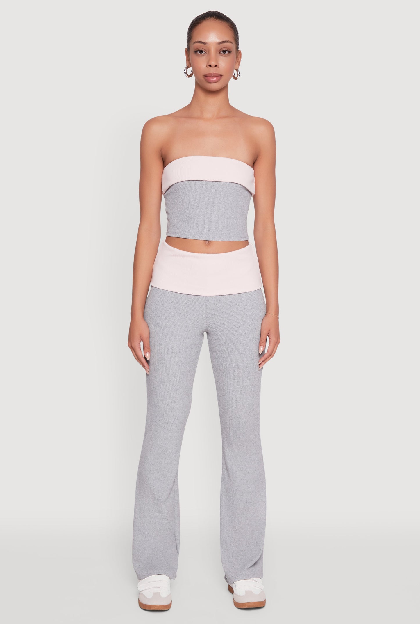 Stylish Rib Knit Contrast Fold Over Bootcut Pants
