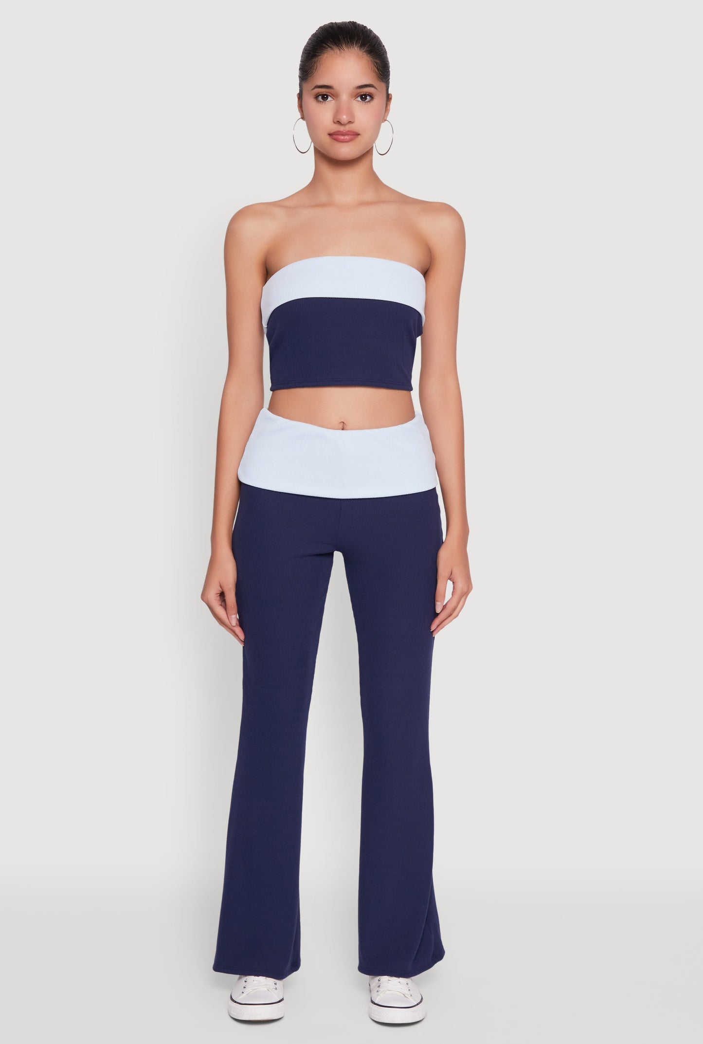 Stylish Rib Knit Contrast Fold Over Bootcut Pants