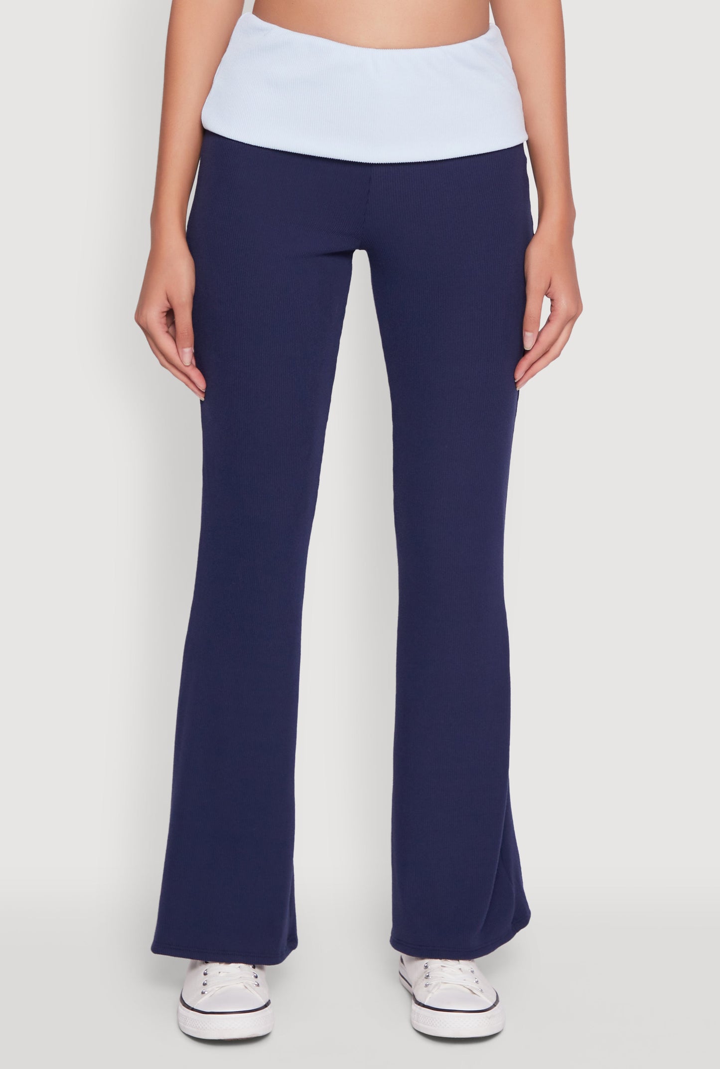 Stylish Rib Knit Contrast Fold Over Bootcut Pants