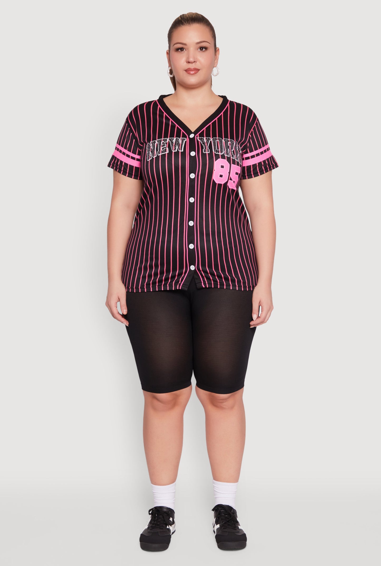 Plus Size Striped New York Print Jersey Mesh Tee