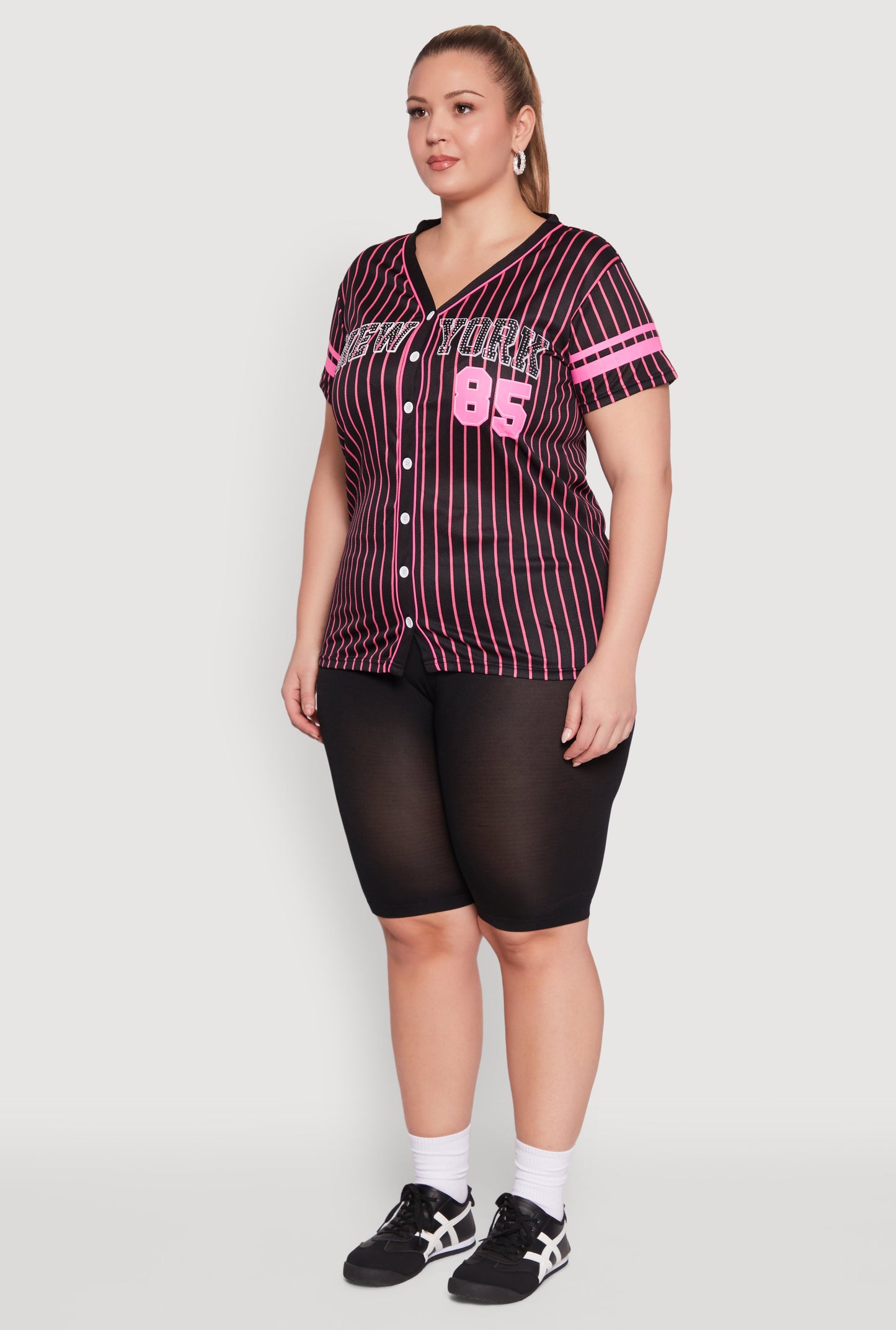 Plus Size Striped New York Print Jersey Mesh Tee