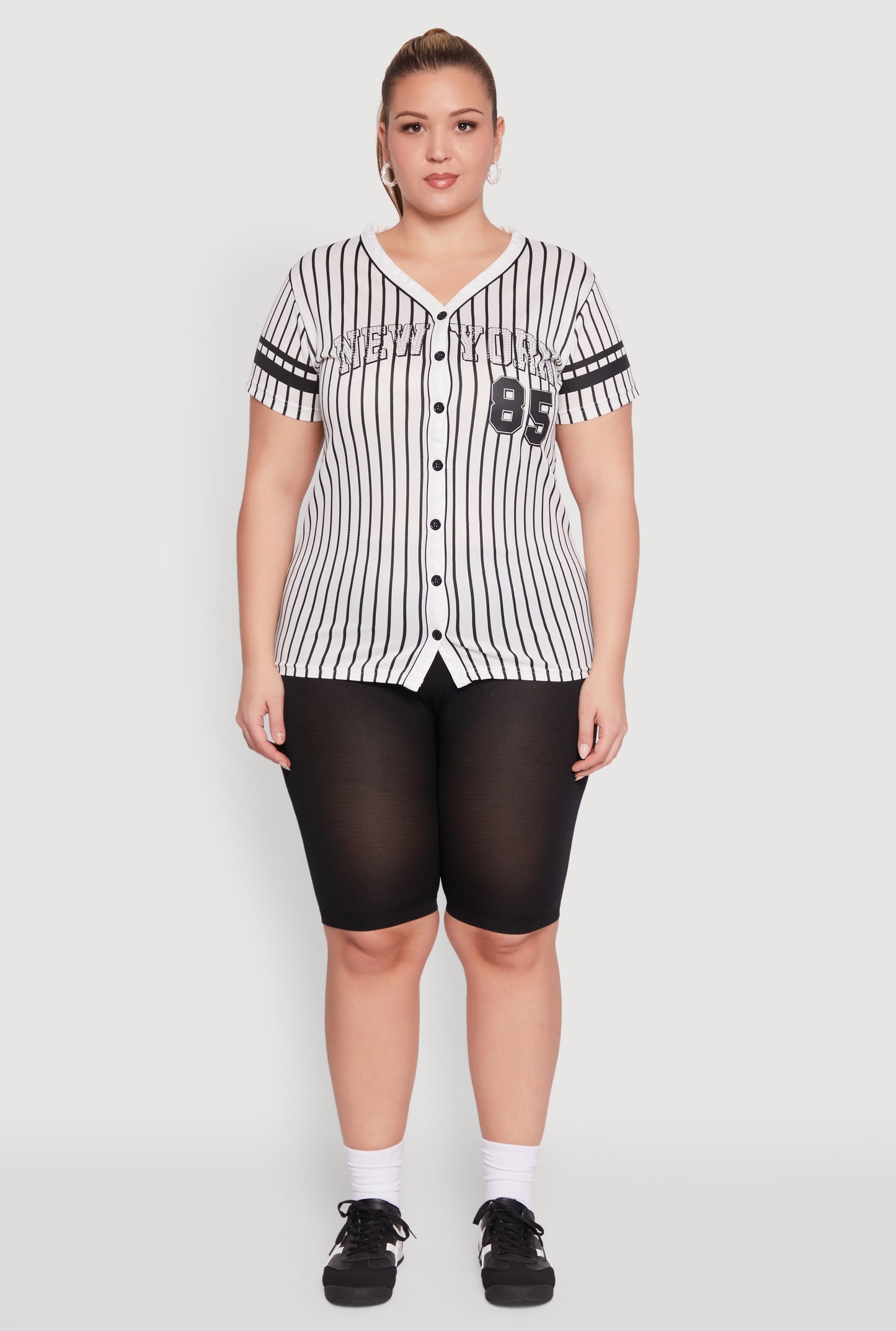 Plus Size Striped New York Print Jersey Mesh Tee