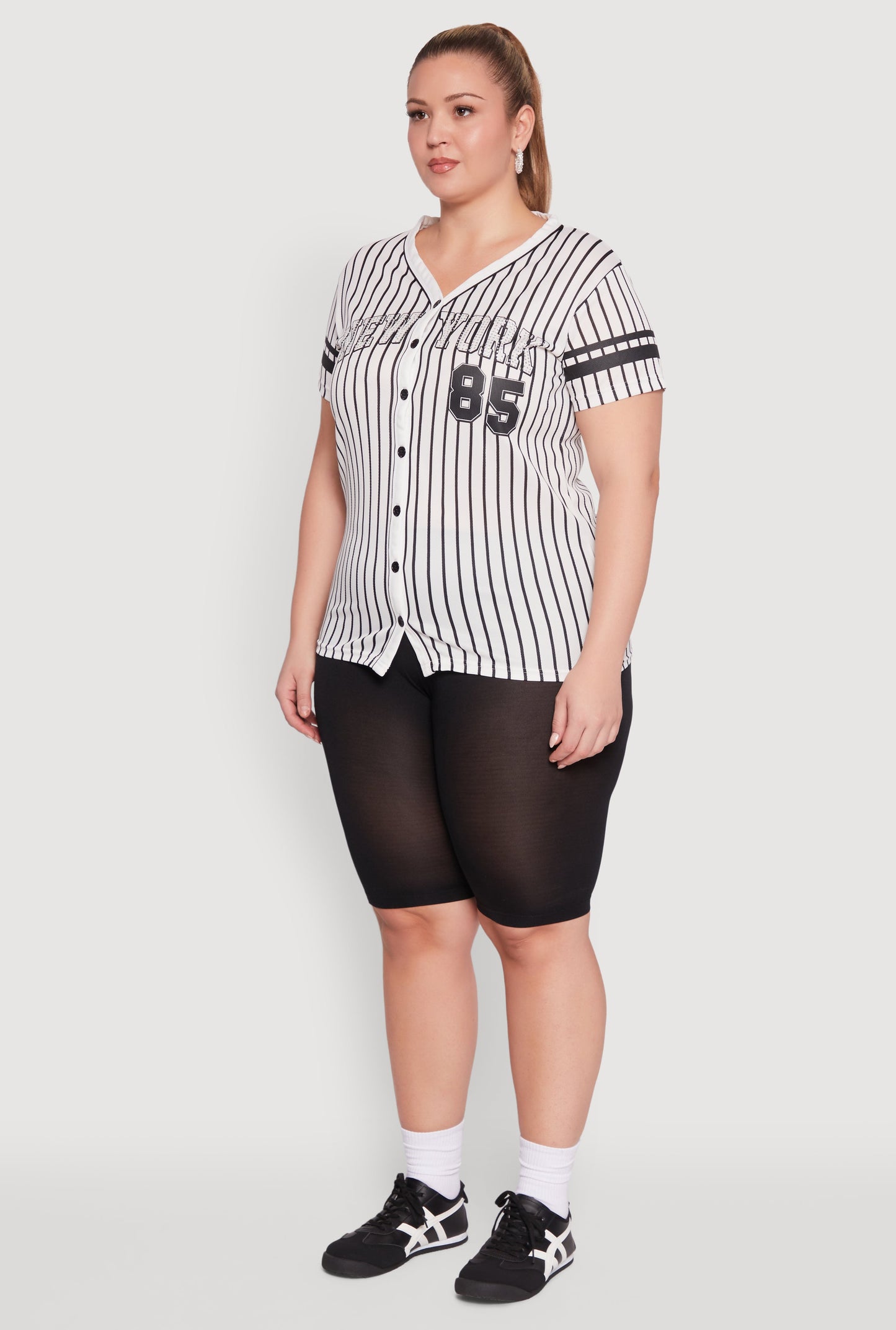 Plus Size Striped New York Print Jersey Mesh Tee