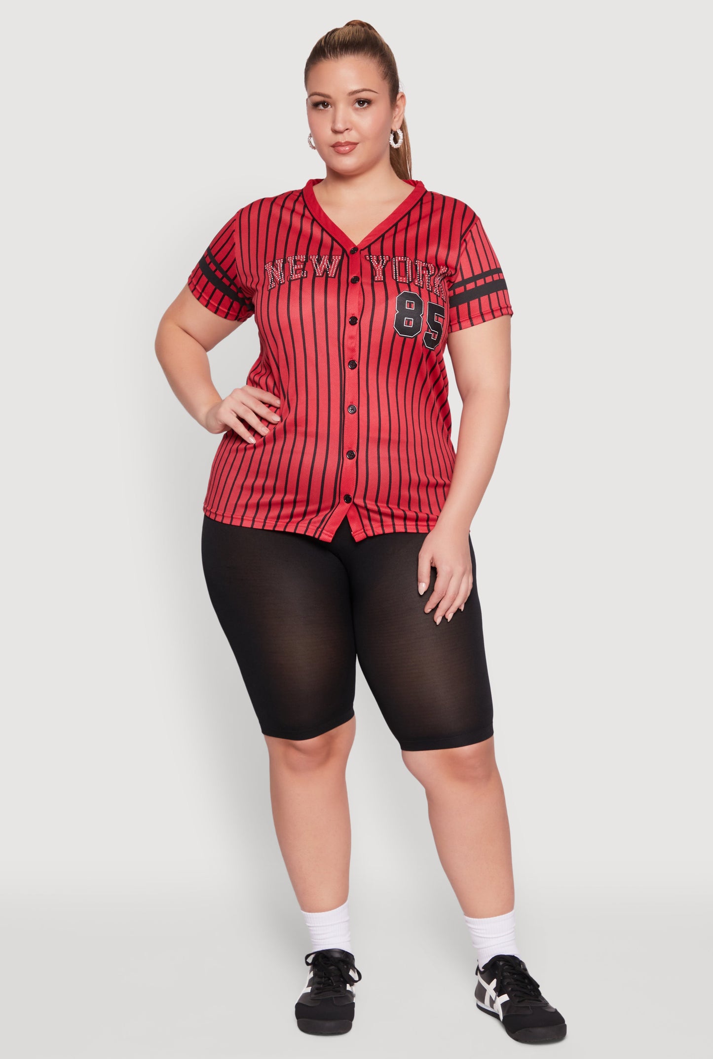 Plus Size Striped New York Print Jersey Mesh Tee