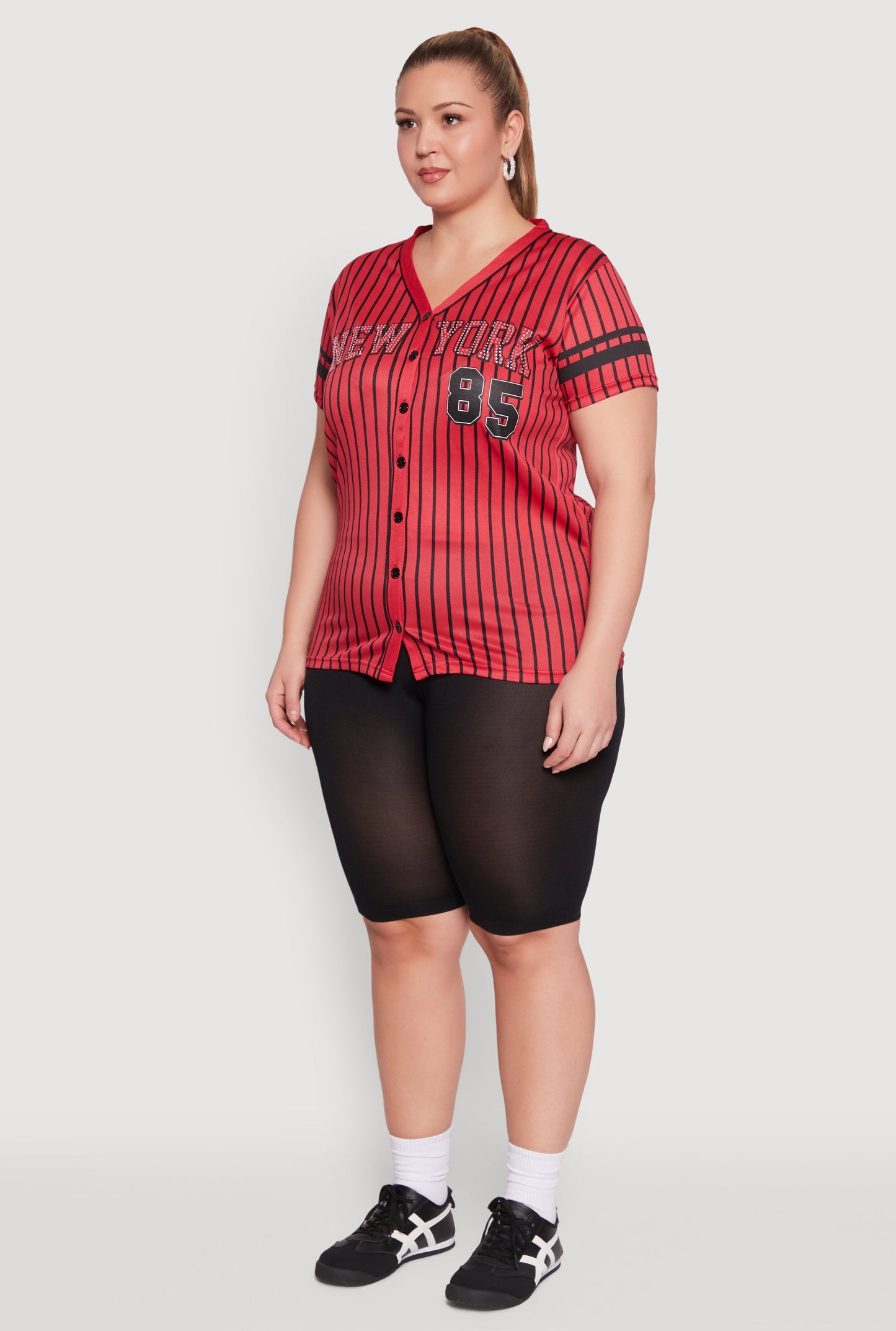 Plus Size Striped New York Print Jersey Mesh Tee