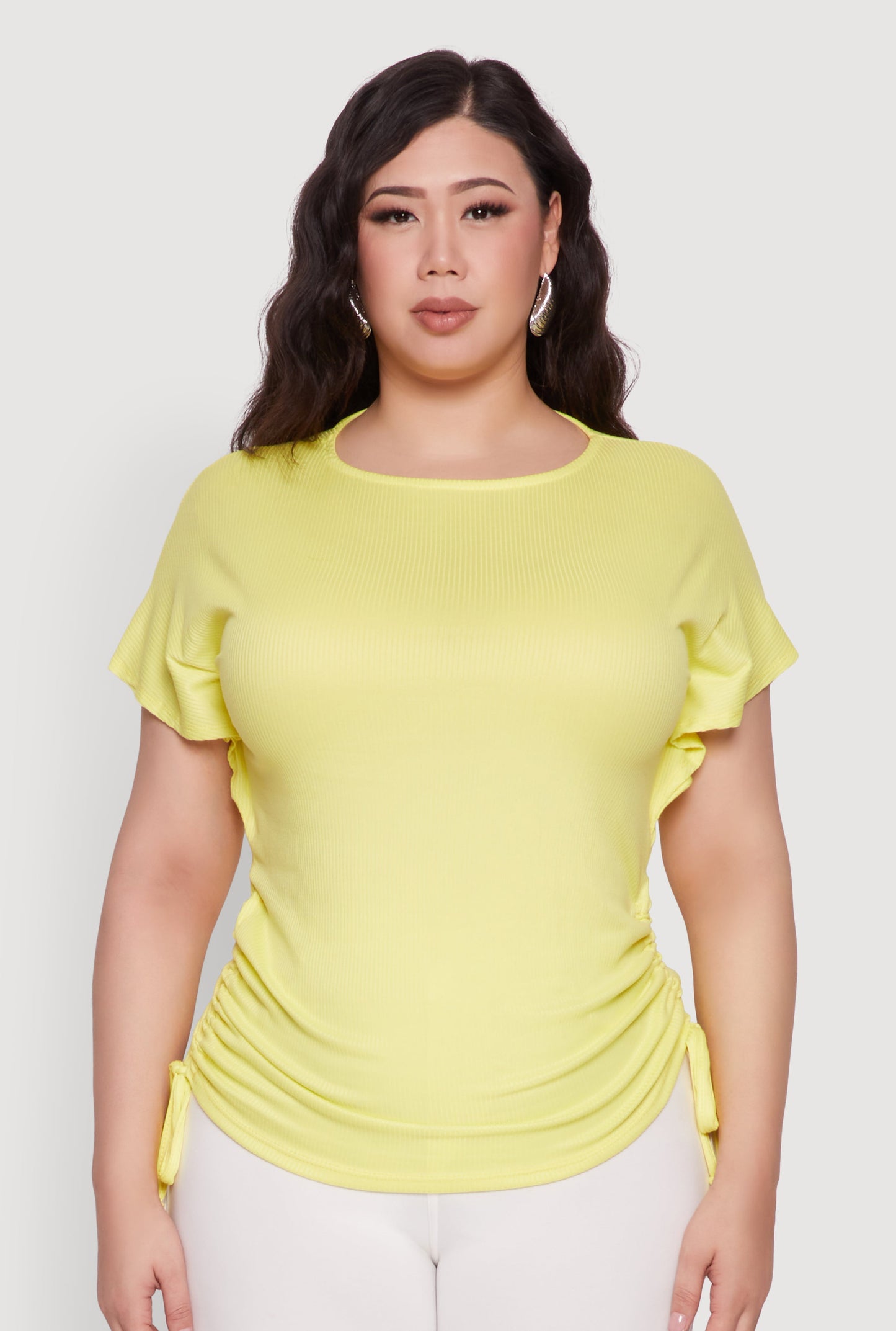 Plus Size Drawstring Side Flutter Sleeve Top