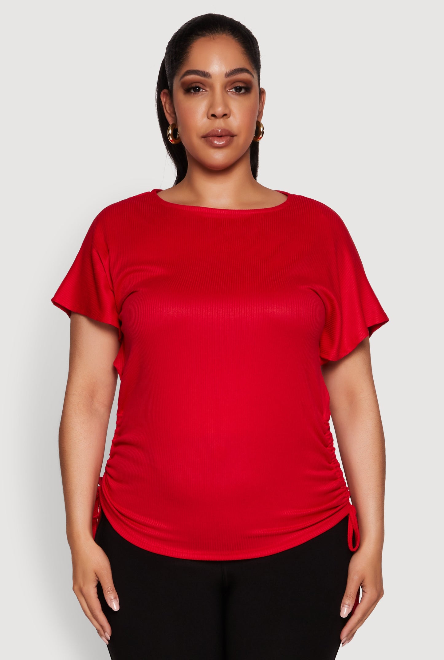 Plus Size Drawstring Side Flutter Sleeve Top