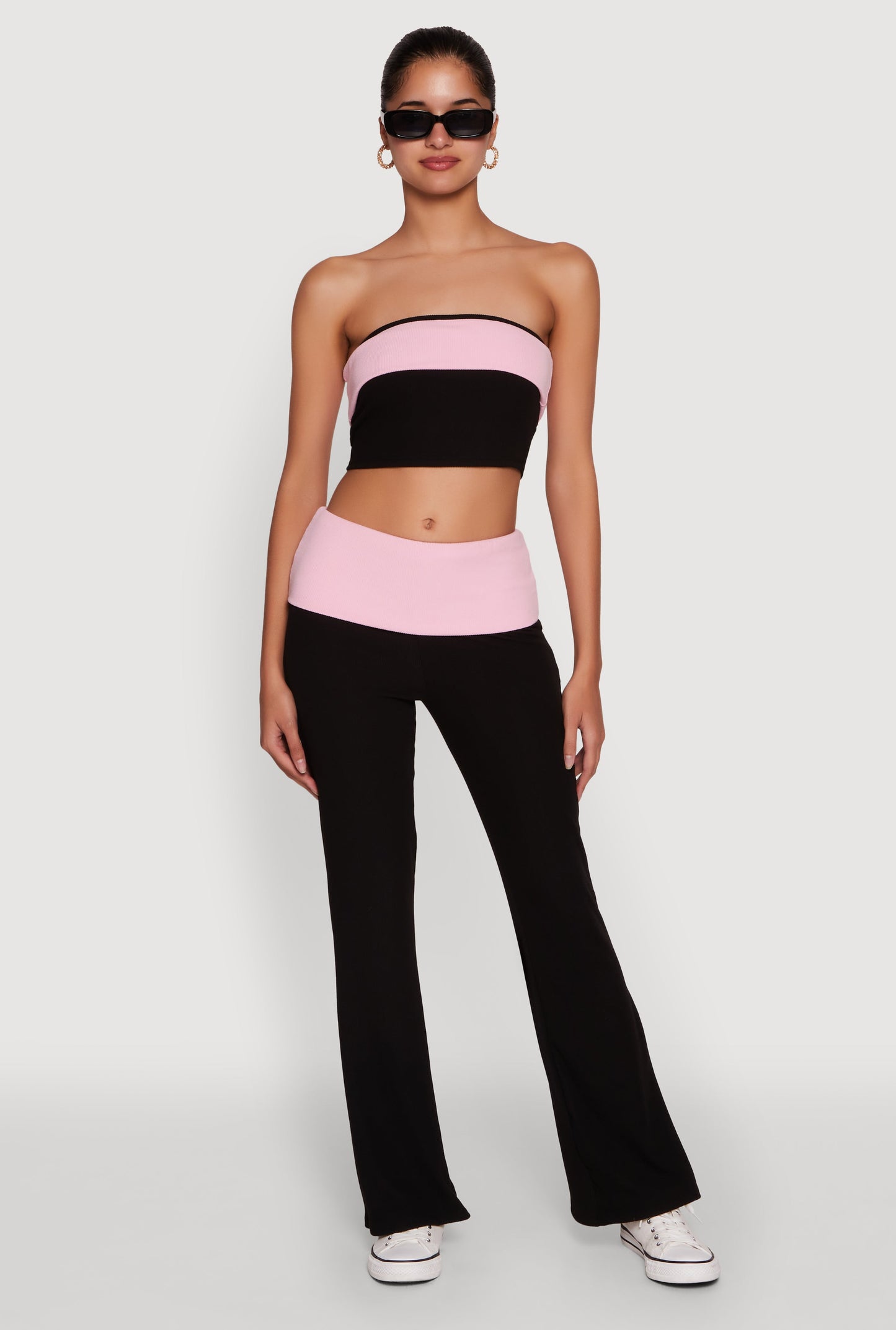 Stylish Rib Knit Contrast Fold Over Bootcut Pants