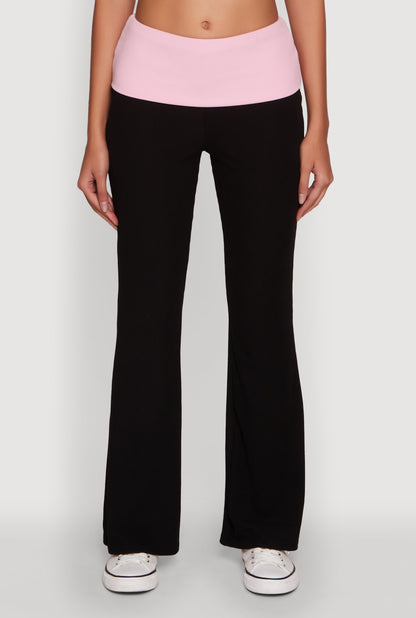 Stylish Rib Knit Contrast Fold Over Bootcut Pants
