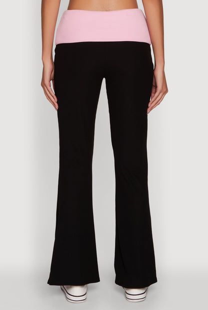 Stylish Rib Knit Contrast Fold Over Bootcut Pants