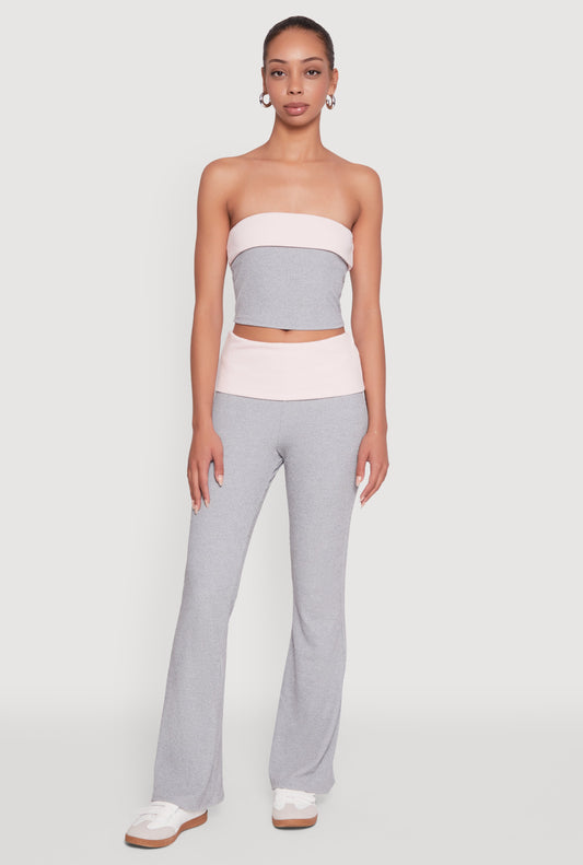 Stylish Rib Knit Contrast Fold Over Bootcut Pants