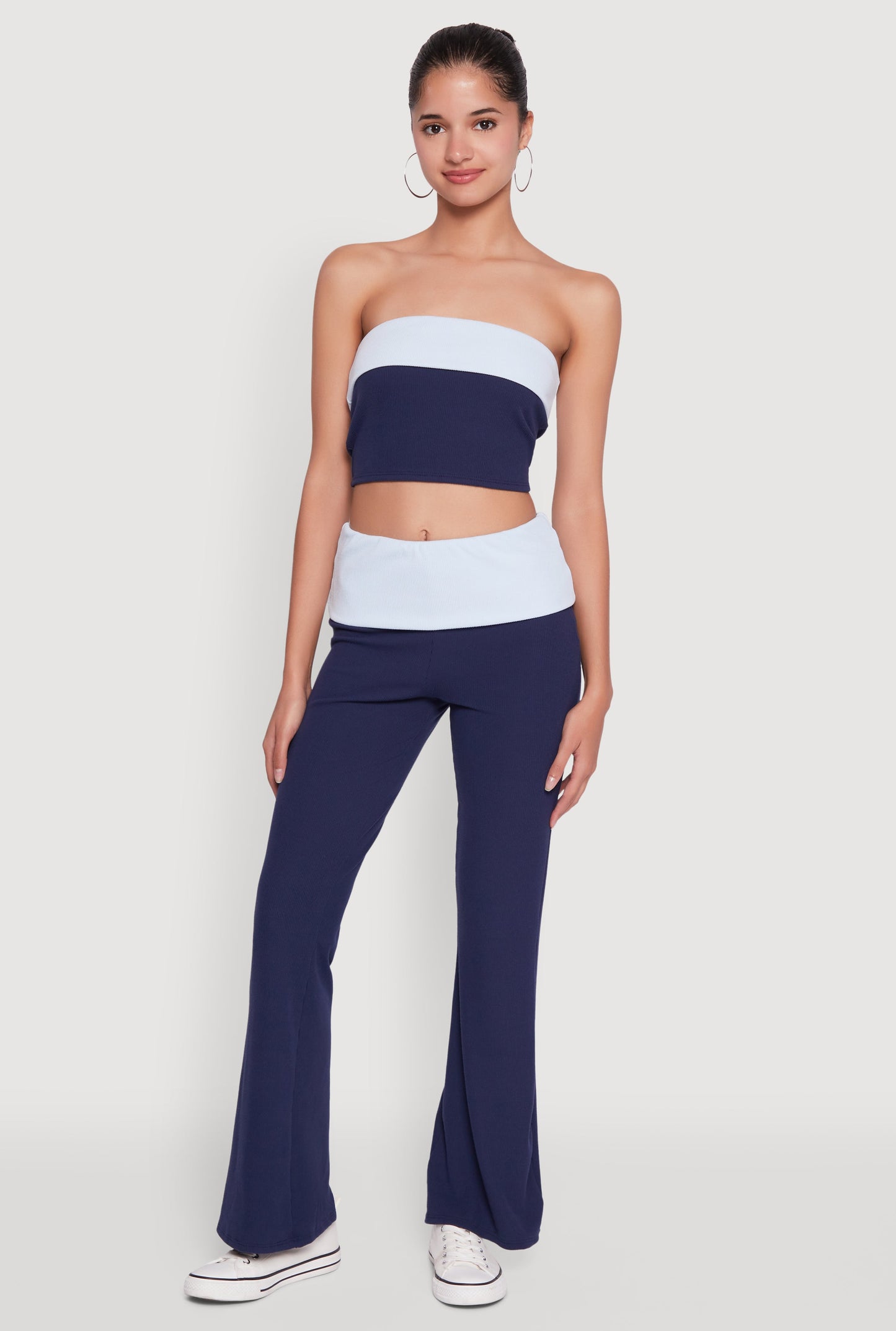 Stylish Rib Knit Contrast Fold Over Bootcut Pants