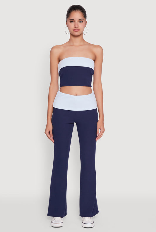 Stylish Rib Knit Contrast Fold Over Bootcut Pants