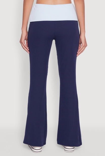 Stylish Rib Knit Contrast Fold Over Bootcut Pants