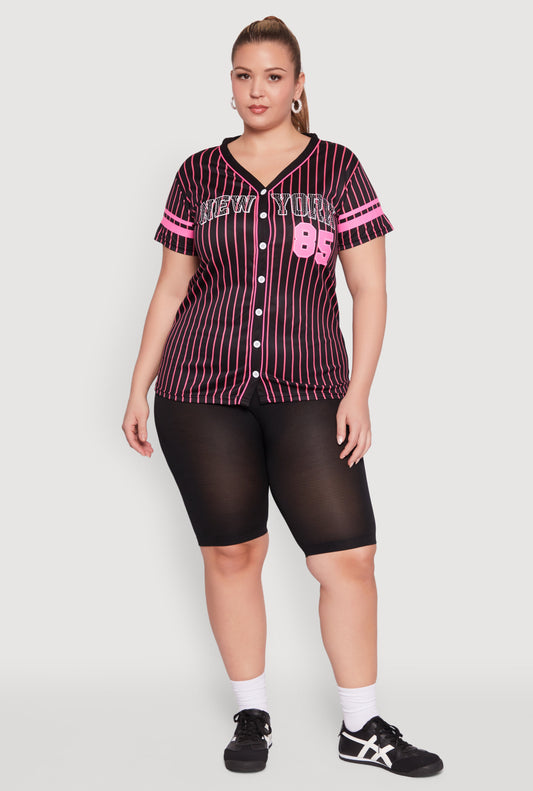 Plus Size Striped New York Print Jersey Mesh Tee