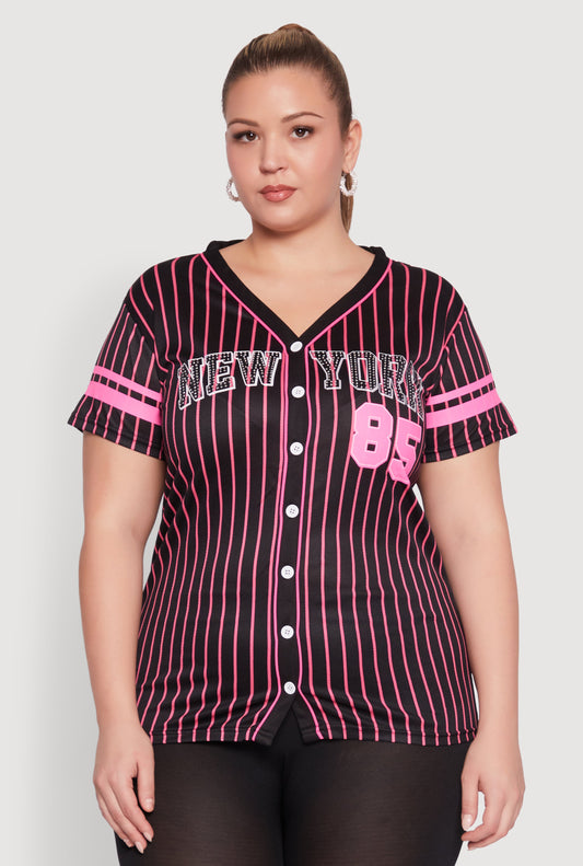 Plus Size Striped New York Print Jersey Mesh Tee