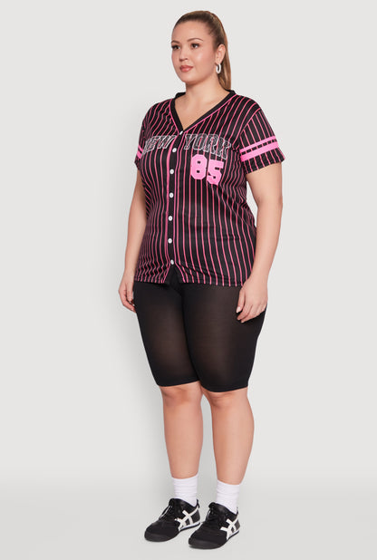 Plus Size Striped New York Print Jersey Mesh Tee