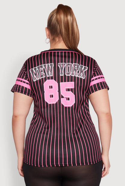 Plus Size Striped New York Print Jersey Mesh Tee