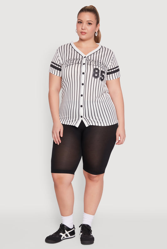 Plus Size Striped New York Print Jersey Mesh Tee