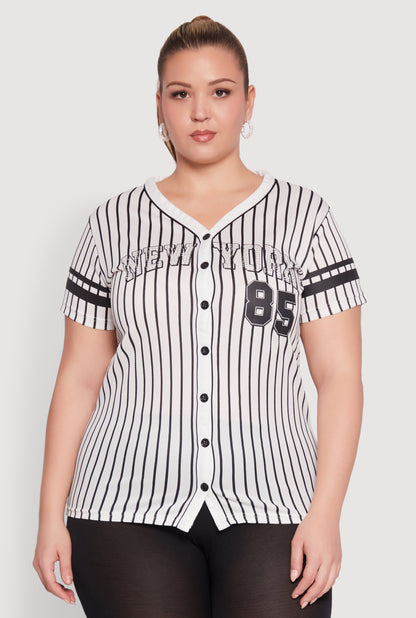 Plus Size Striped New York Print Jersey Mesh Tee