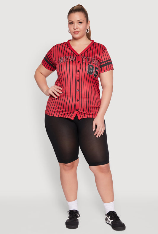 Plus Size Striped New York Print Jersey Mesh Tee