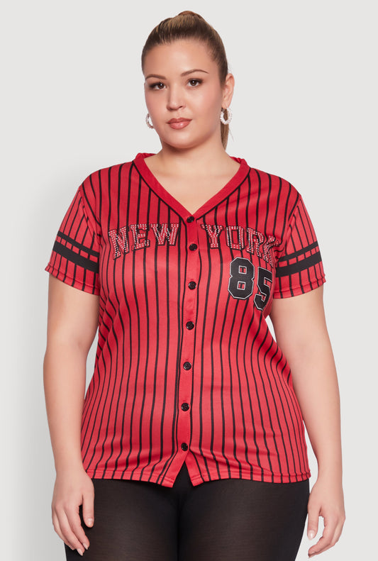 Plus Size Striped New York Print Jersey Mesh Tee