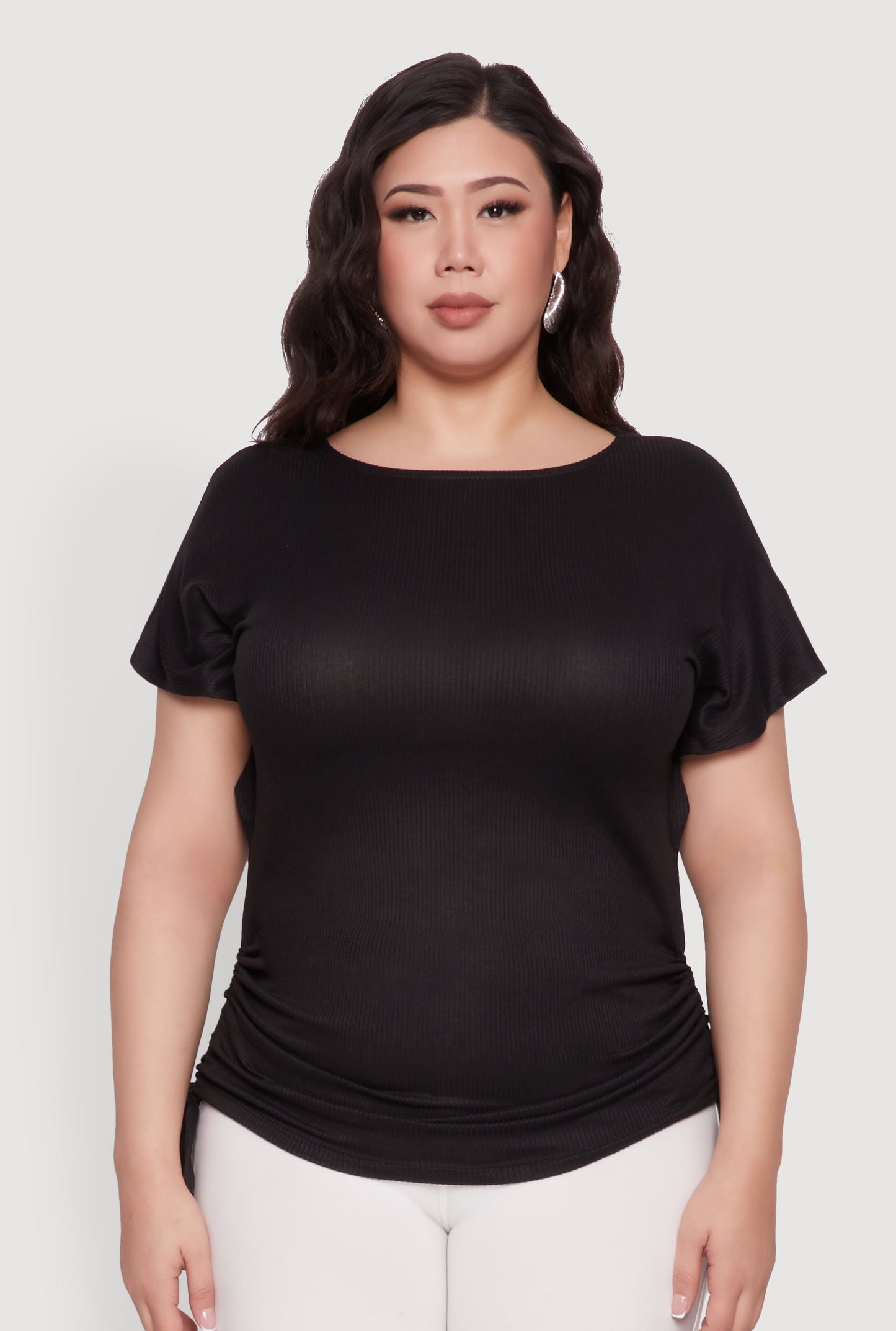 Plus Size Drawstring Side Flutter Sleeve Top