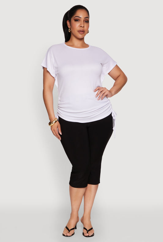 Plus Size Drawstring Side Flutter Sleeve Top