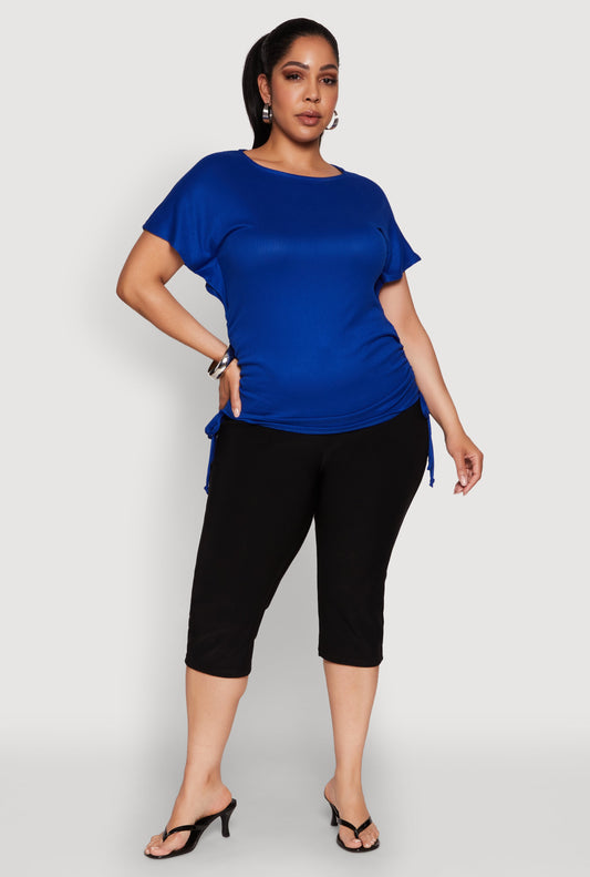 Plus Size Drawstring Side Flutter Sleeve Top