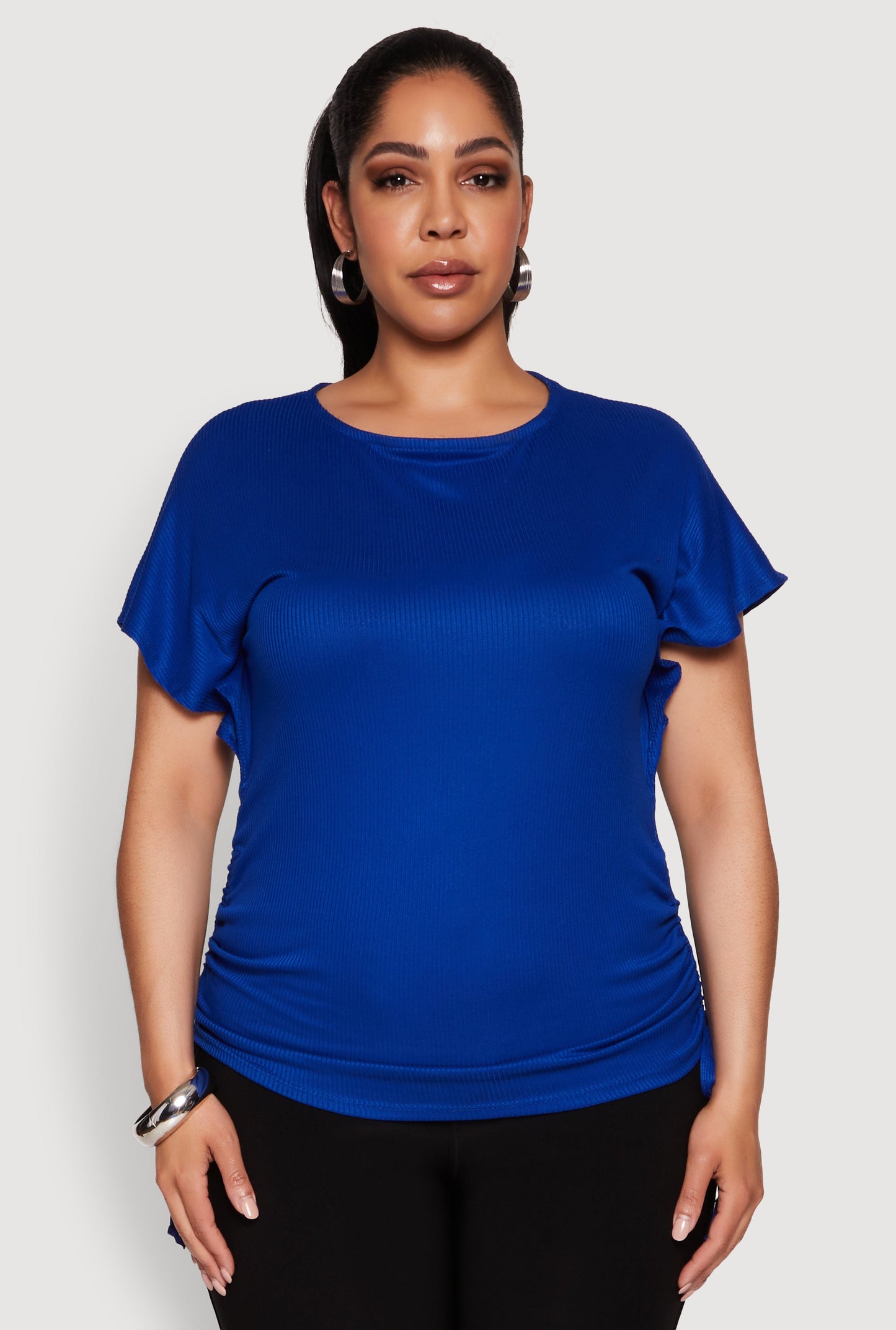 Plus Size Drawstring Side Flutter Sleeve Top