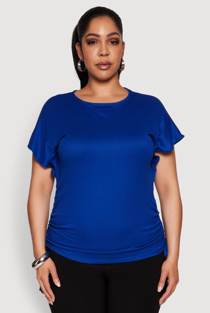 Plus Size Drawstring Side Flutter Sleeve Top