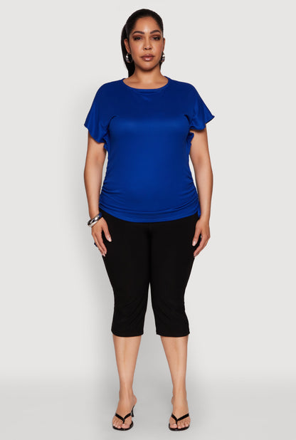 Plus Size Drawstring Side Flutter Sleeve Top