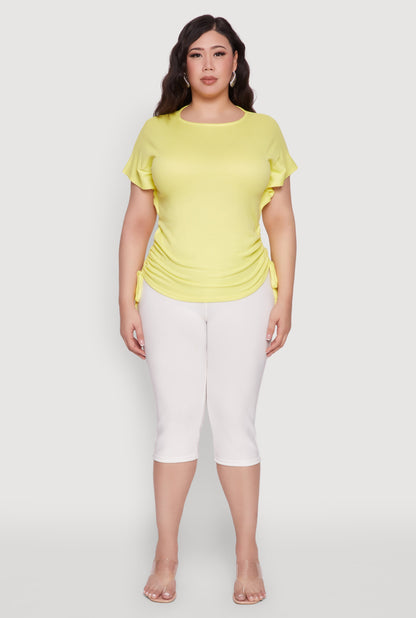 Plus Size Drawstring Side Flutter Sleeve Top