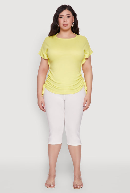 Plus Size Drawstring Side Flutter Sleeve Top