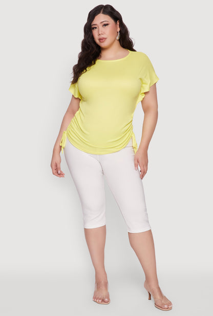 Plus Size Drawstring Side Flutter Sleeve Top