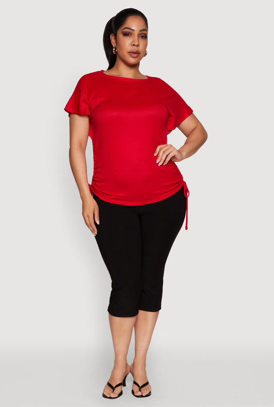 Plus Size Drawstring Side Flutter Sleeve Top