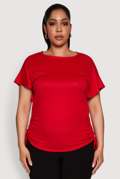 Plus Size Drawstring Side Flutter Sleeve Top