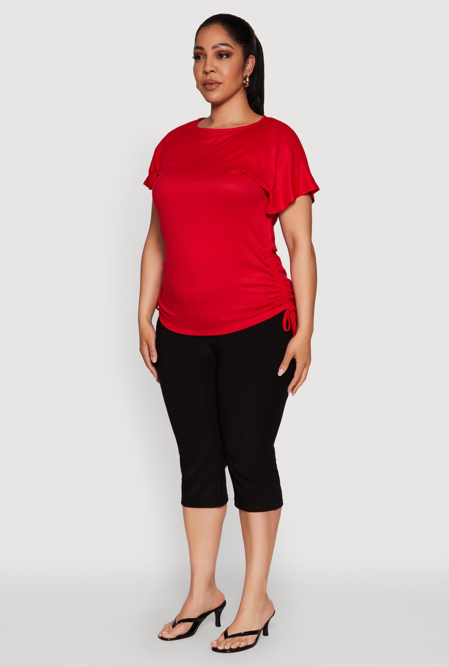 Plus Size Drawstring Side Flutter Sleeve Top