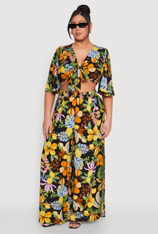 Plus Size Tropical Floral Palazzo Pants