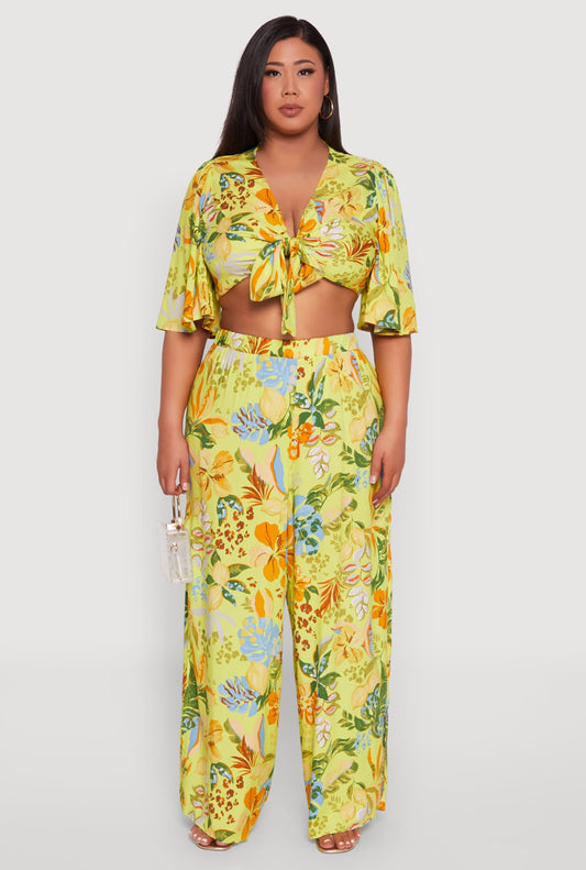Plus Size Tropical Floral Palazzo Pants